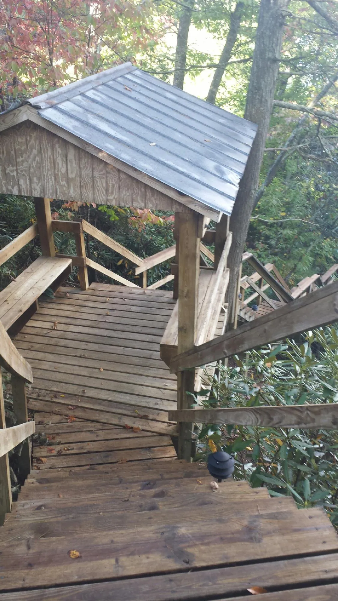 Metal roofed shelter over wooden steps on a wooded walkway — Skylight Repair & Installation work by our crew in Wilkes Barre